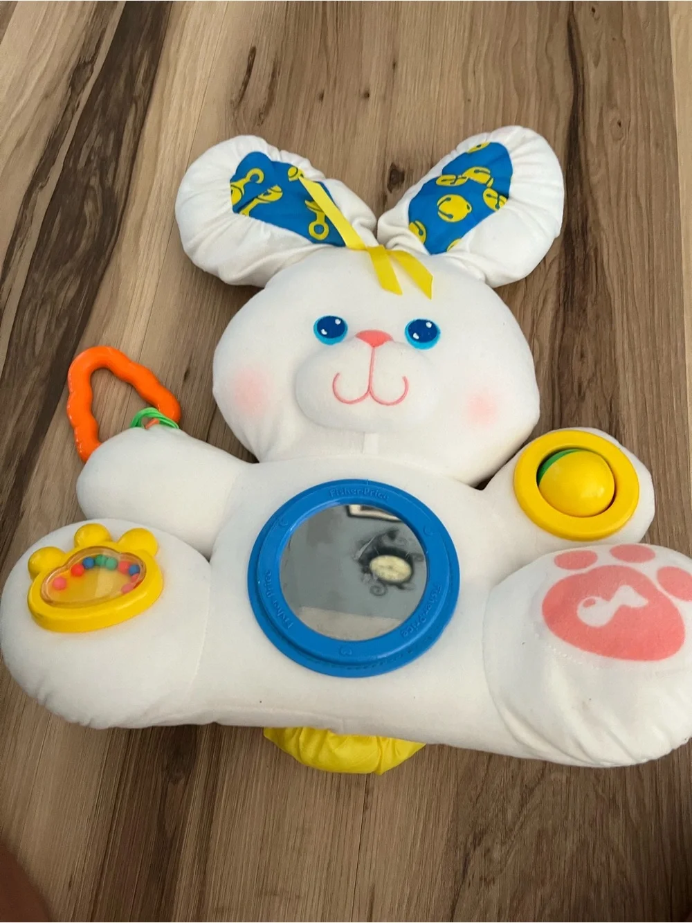 Vtg Fisher Price Activity Bunny Plush White Rabbit  Rattle Mirror Squeak 1989